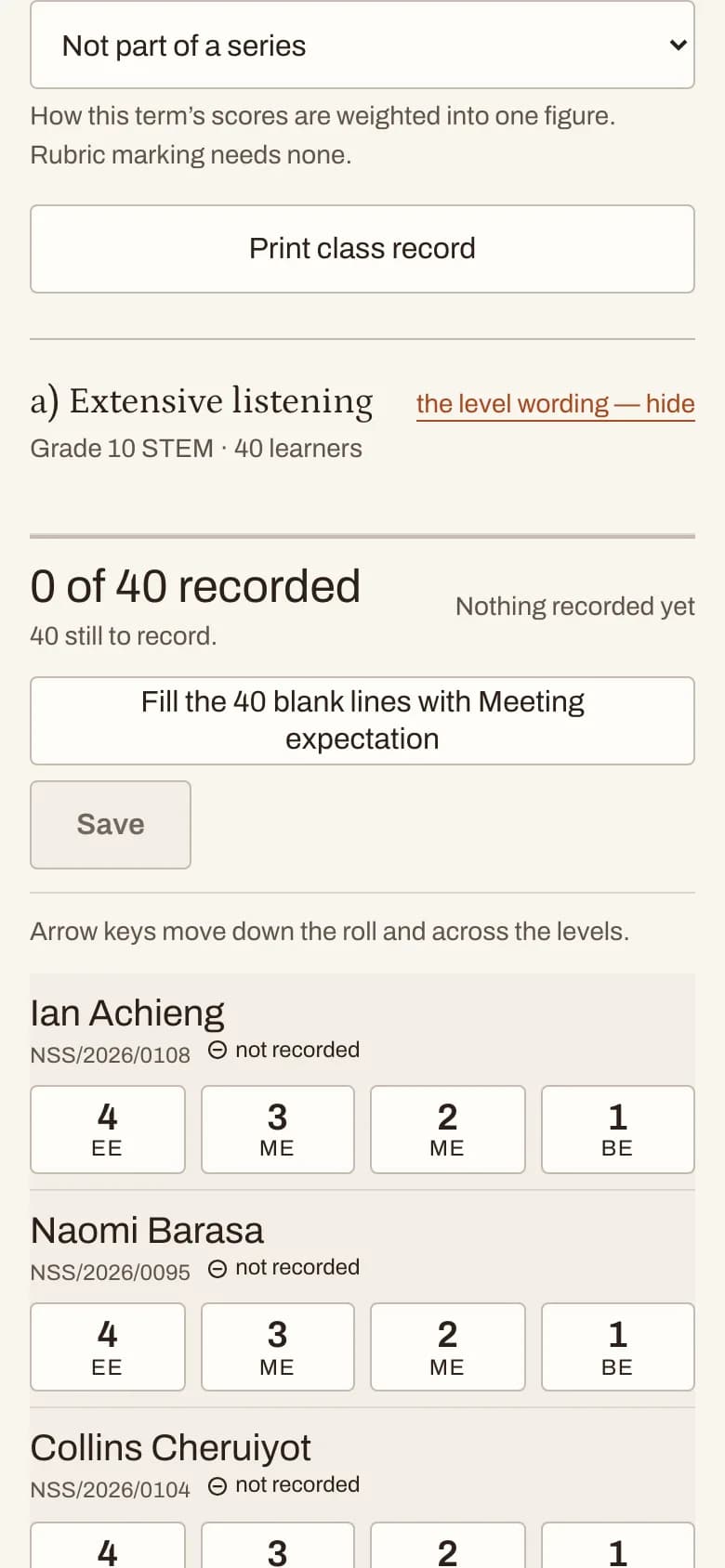 SmartSkuli teacher record screen showing open sub-strands for a learning area.